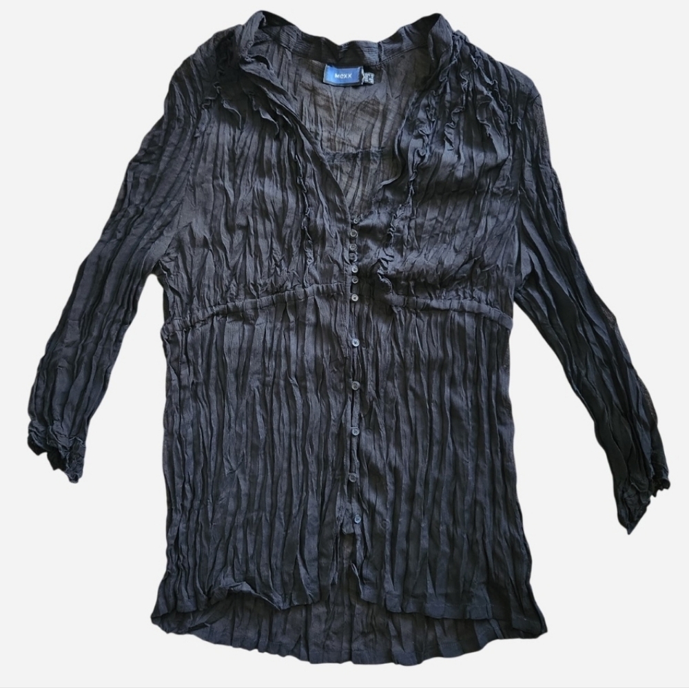 Mexx Vintage Y2K Sheer Crinkled Quarter Sleeve Black Button Front Blouse Top L
